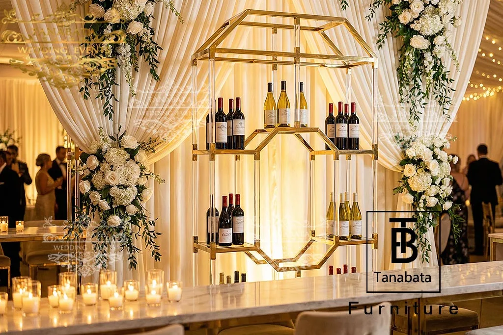 Gold-Framed Wine Display Racks for Luxury Wedding Bars